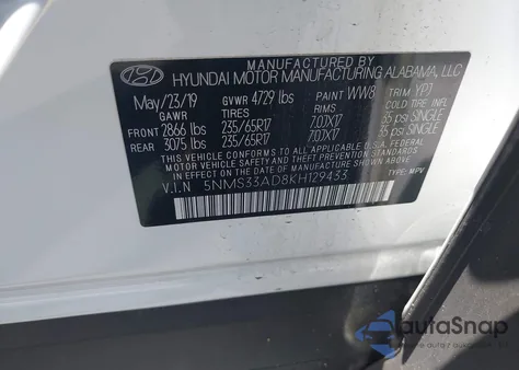 2019 Hyundai Santa Fe Sel из США, поврежденный, VIN 5NMS33AD8KH129433